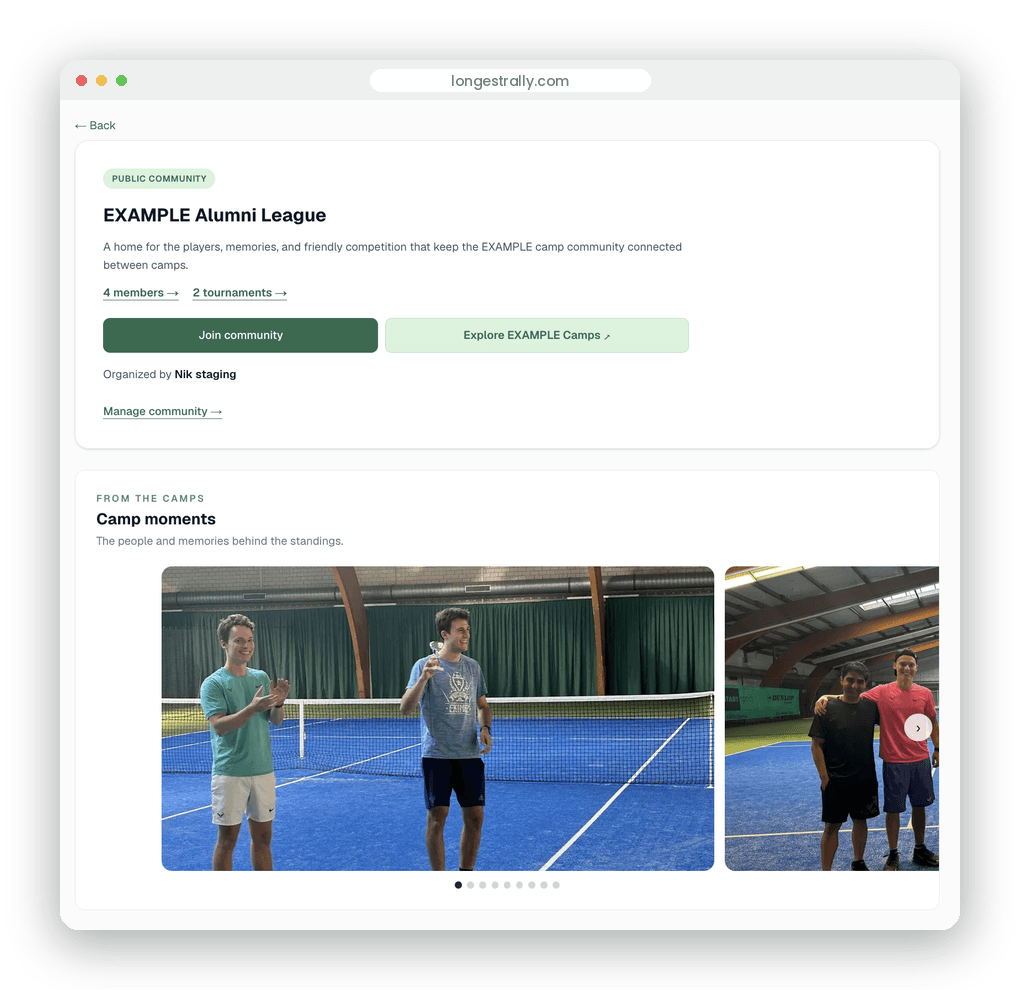 LongestRally community page showing an example photo carousel