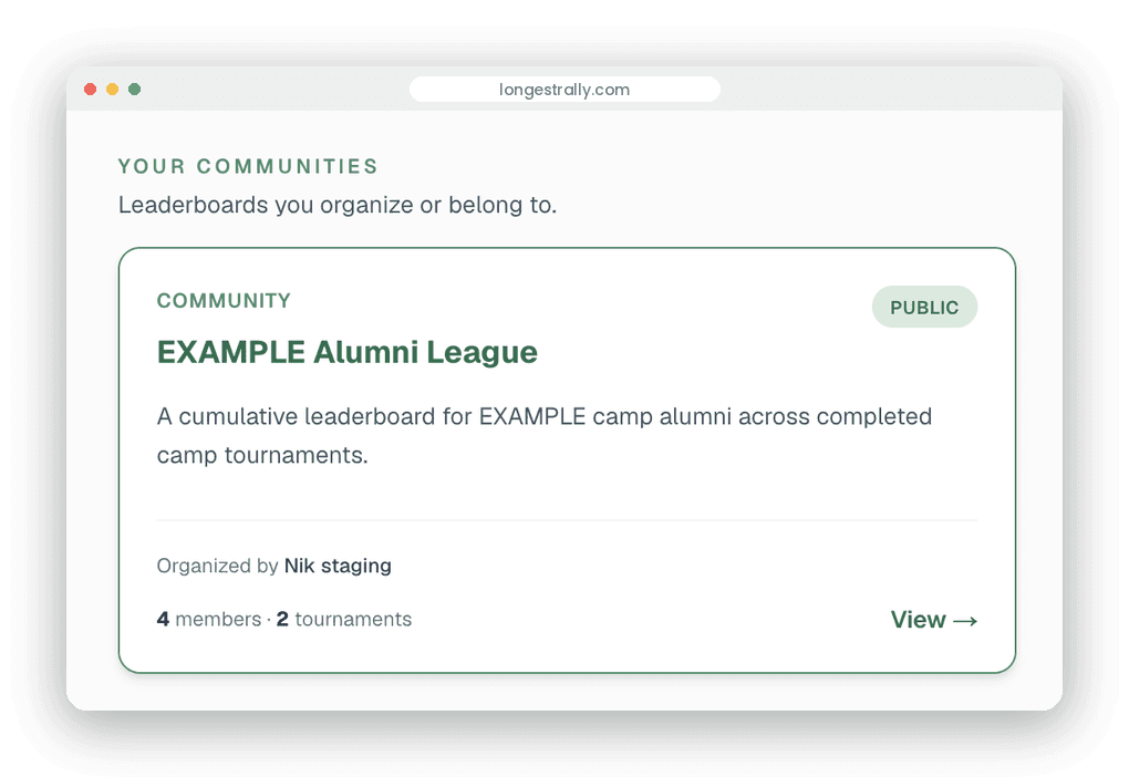 LongestRally community card showing EXAMPLE Alumni League with member and tournament counts