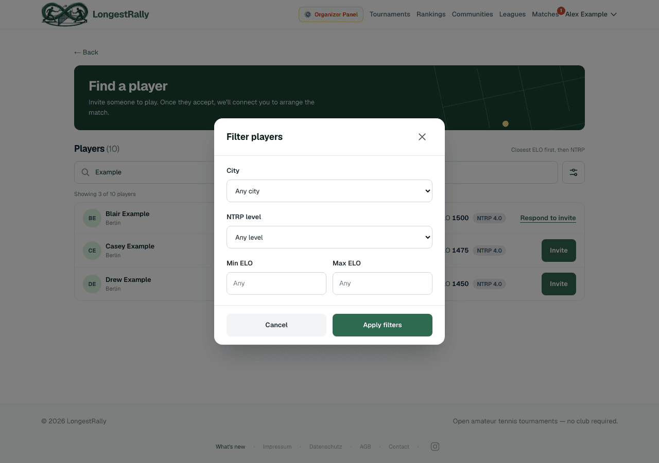 Player directory with city and playing-level filters.