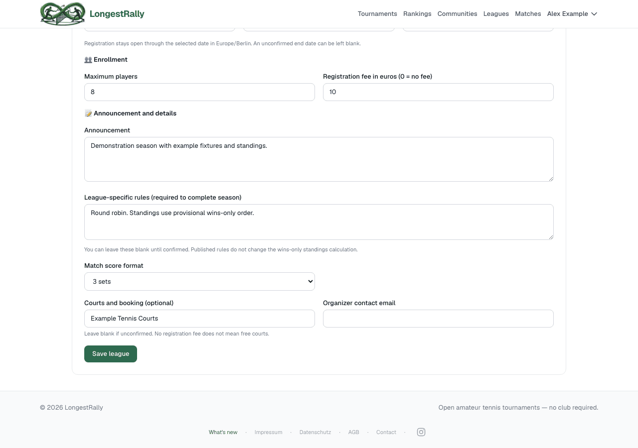League settings with season format and scoring options.