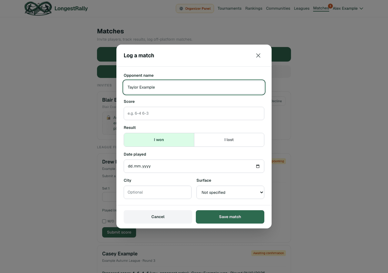 Log a match dialog with opponent, score, outcome, and date fields.
