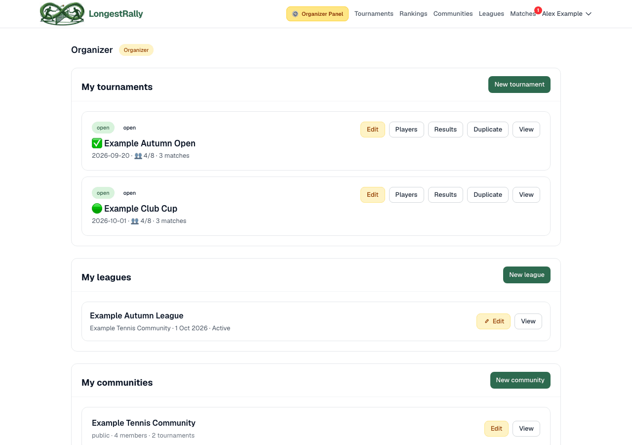 Organizer panel with tournament management options.