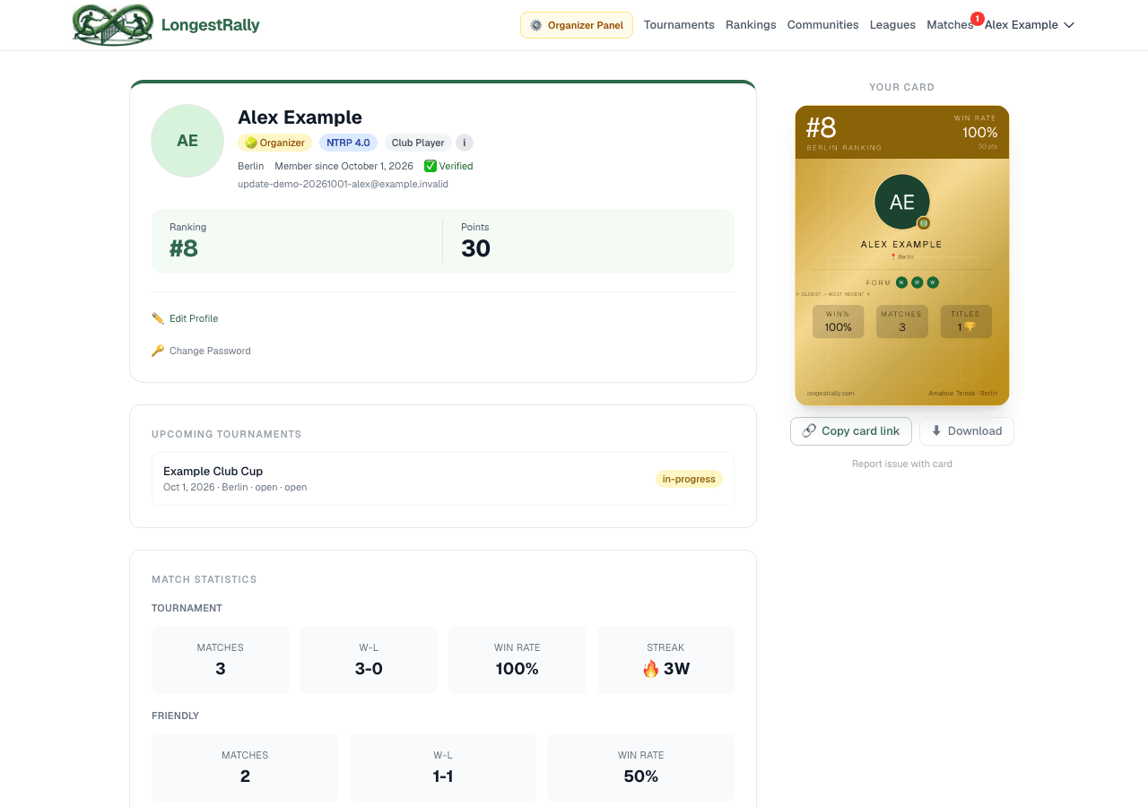 Player dashboard showing ranking, points, upcoming tournaments, and match statistics.