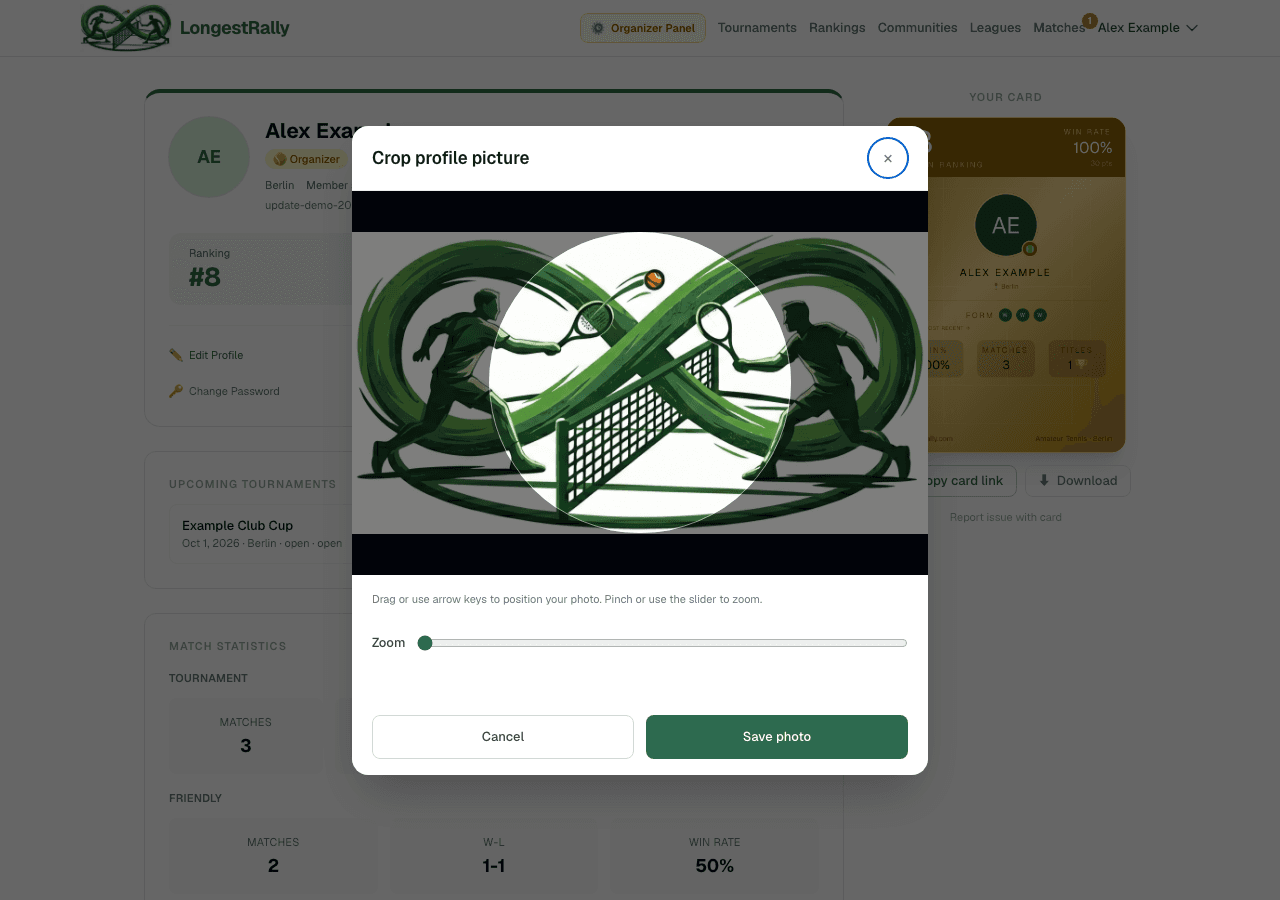 Profile photo editor with image cropping and zoom controls.