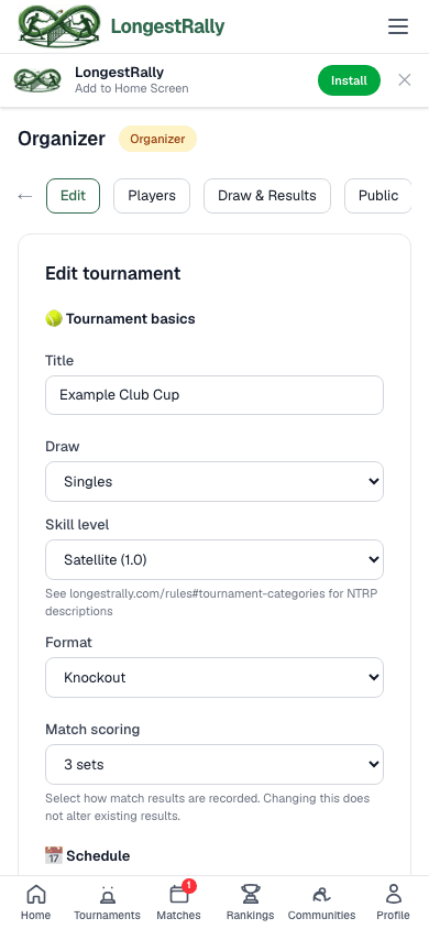 Mobile tournament edit form with title, draw, skill level, format, and scoring fields.